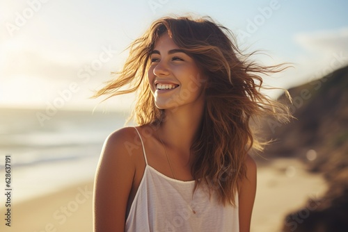 Happy beautiful young woman smiling at the beach side - Delightful girl enjoying sunny day out - Healthy lifestyle concept with female laughing outside generative AI
