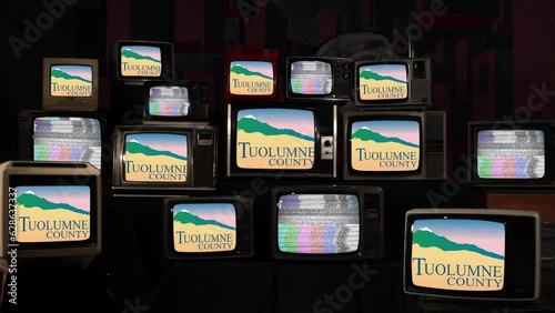 Flag of Tuolumne County, California, and Vintage Televisions. 4K Resolution. photo