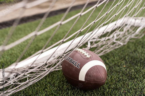 Photo of an American football on a grass next to the touchline, shot from above. photo