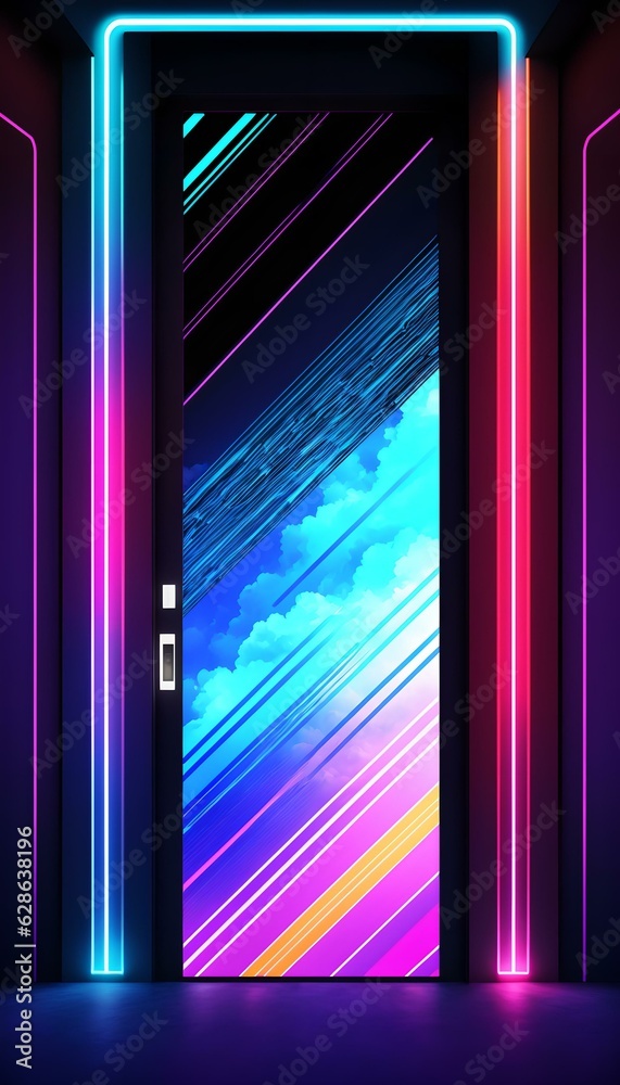 Photo of an open door illuminated by neon lights in a dimly lit room Photo of an open door illuminated by neon lights in a dimly lit room