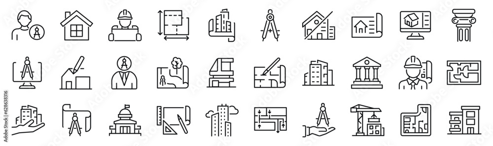 Fototapeta premium Set of outline icons related to building, architecture, house, design. Linear icon collection. Editable stroke. Vector illustration
