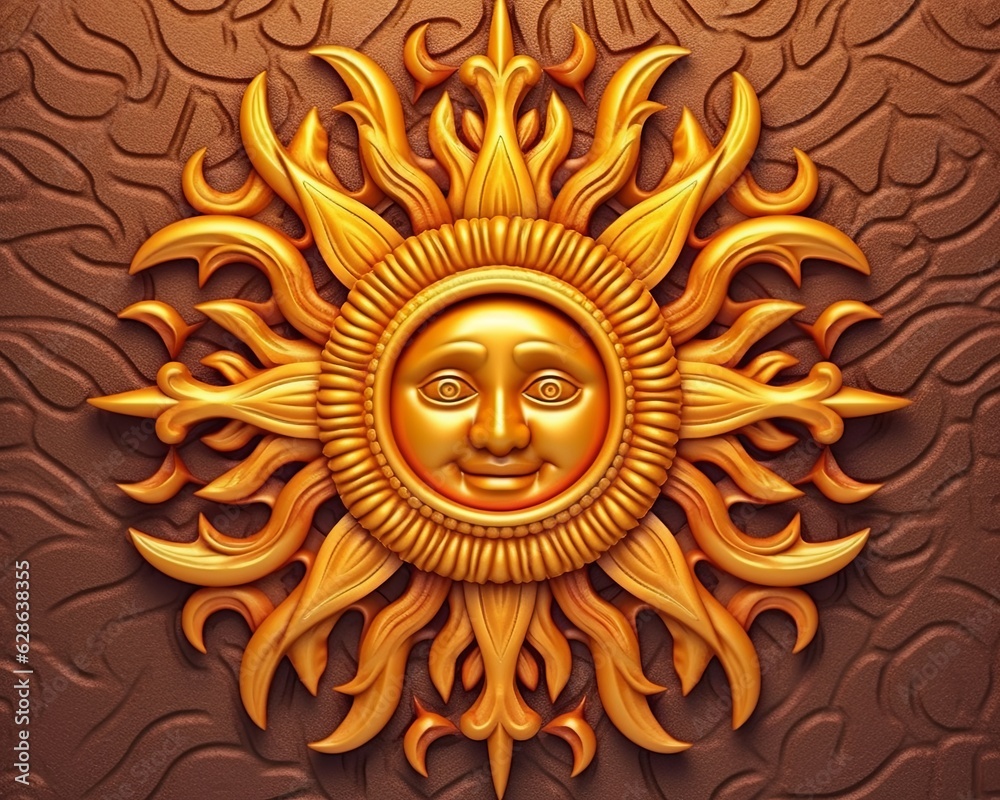 Fototapeta premium golden sun with face on a brown background