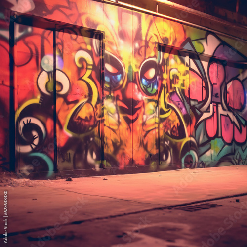 graffiti on a wall in an alley at night