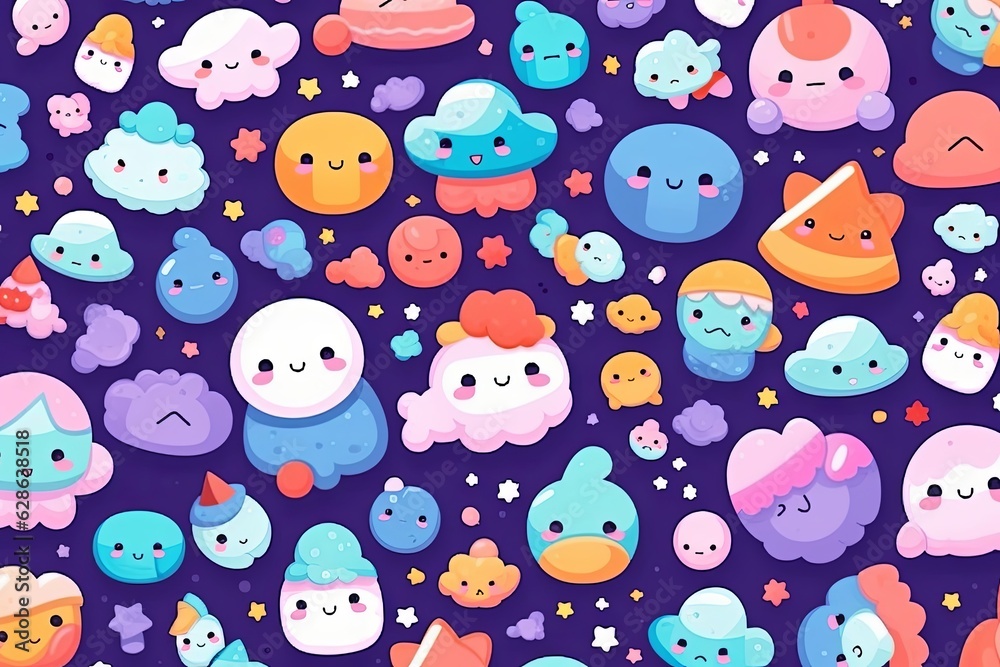 kawaii seamless pattern with cute cartoon characters on a purple background