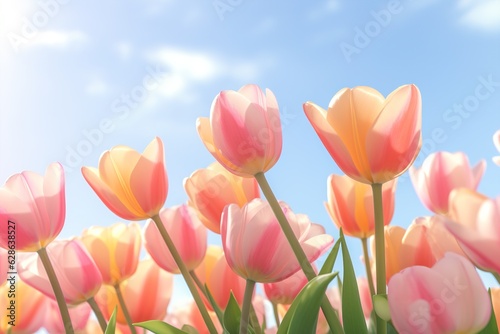 Beautiful spring tulips flying on light background.