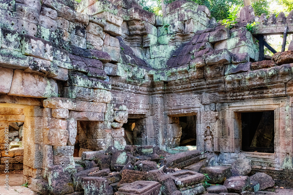 Destroyed Khmer temple of Preah Khan in Cambodia, ruins of a medieval building, architecture.