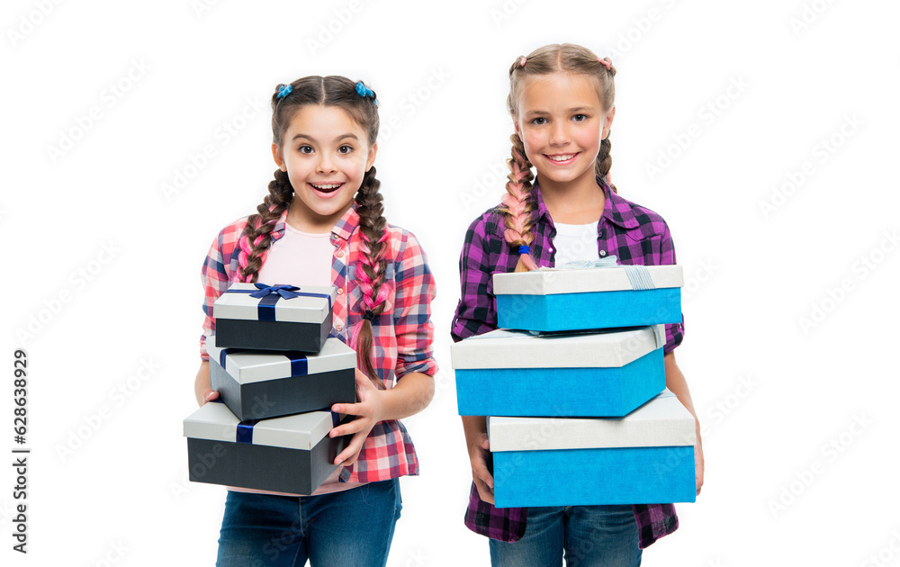 children girls sharing present or gift box to friend from shopping children girls sharing present or gift box to friend from shopping