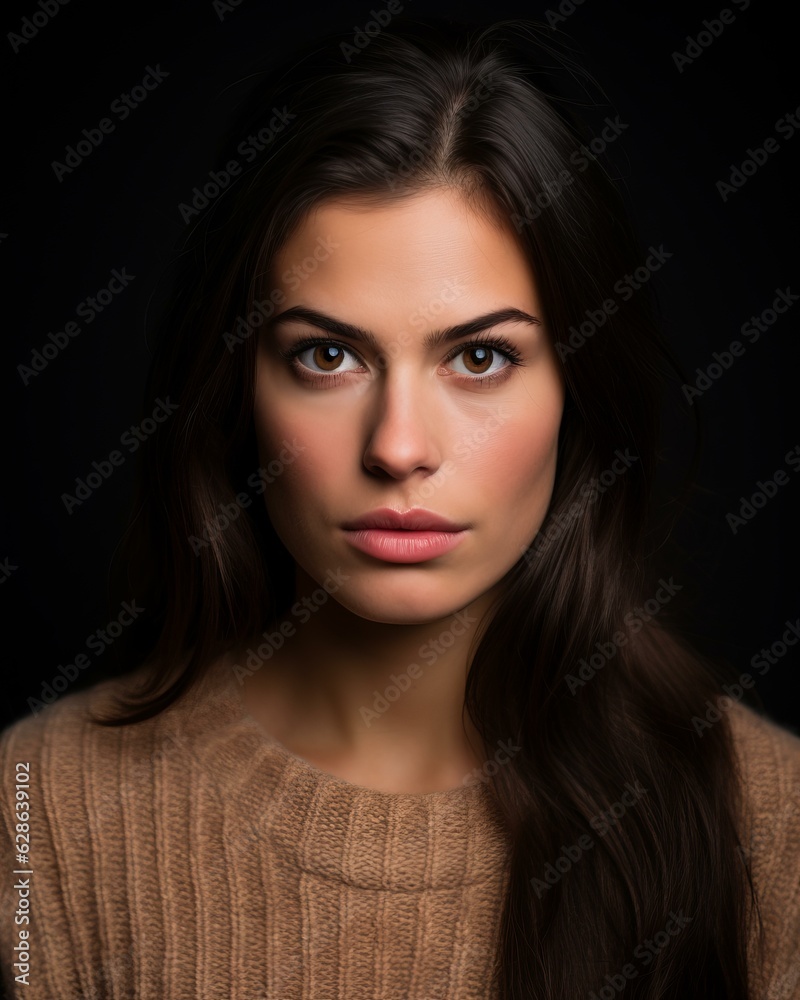Fototapeta premium portrait of a beautiful young woman with long brown hair on a black background