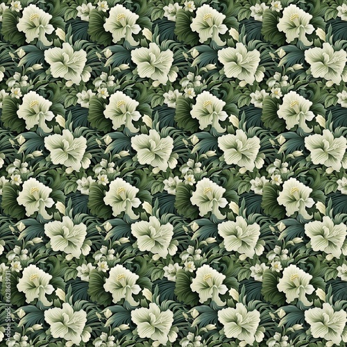 Seamless pattern with green and white hibiscus flowers. Illustration. Tile