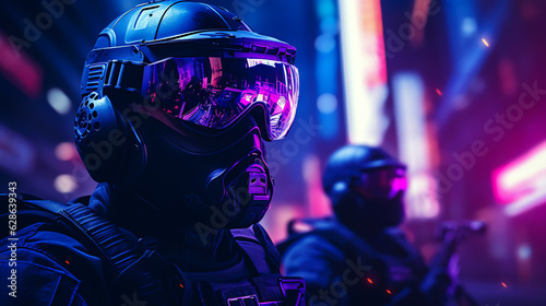 Special forces soldiers in futuristic neon pink purple city nightlife scene cyberpunk - Generative AI photo