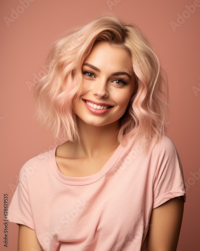 portrait of smiling woman with pink hair on pink background
