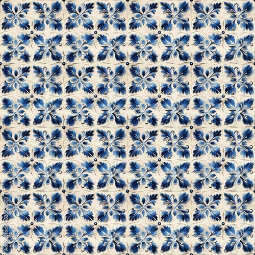 Seamless pattern of ceramic tile with blue floral ornament. Portuguese art