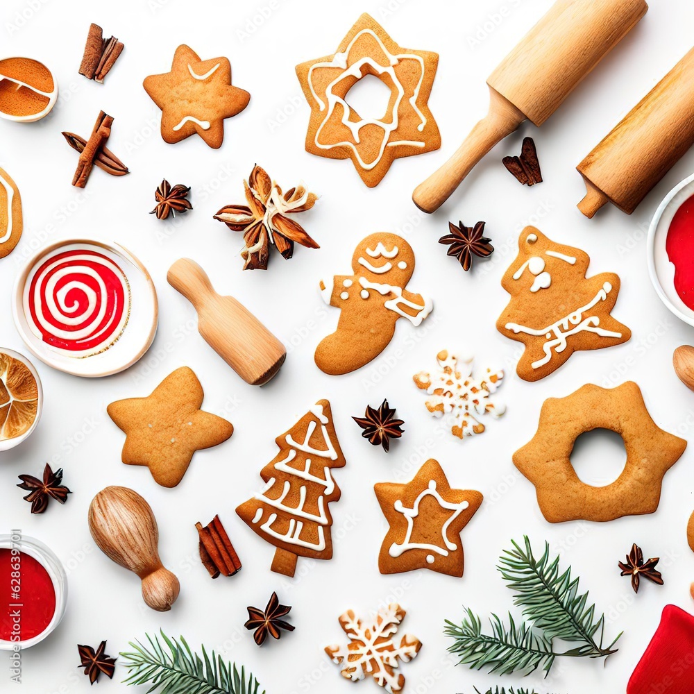 Cooking christmas gingerbread concept. Xmas holiday cookies on white background top view