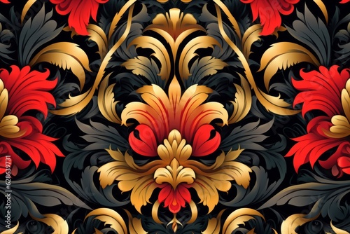 seamless floral pattern with red gold and black flowers on a black background