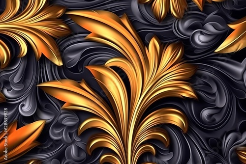 seamless pattern with gold leaves on black background