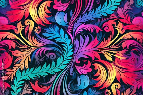 seamless pattern with multicolored flowers and leaves on a black background