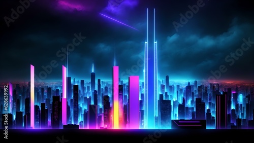 Photo of a futuristic cityscape with towering buildings and vibrant neon lights