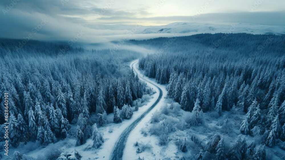 Windy and curvy road in snow covered forest landscape, top down aerial view. Windy and curvy road in snow covered forest landscape, top down aerial view.