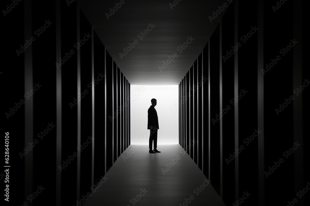 silhouette of a man standing in a dark tunnel