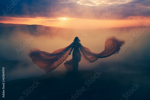 silhouette of a woman standing on top of a mountain with a red cape
