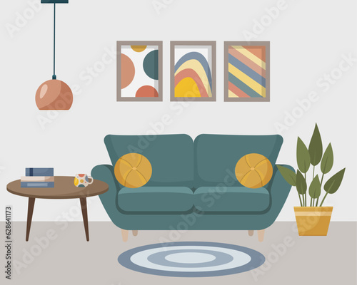 Living room. Home furniture.
Living room interior with sofa, table, paintings, lamp, house flower, Vector illustration in flat style. photo