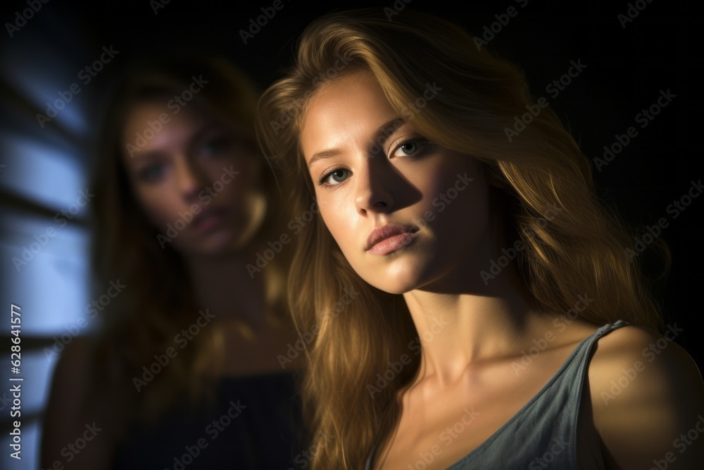 two beautiful young women looking at the camera in a dark room two beautiful young women looking at the camera in a dark room