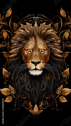 rei leão com coroa dourada do rei, folhas douradas de arte de luxo, fundo preto