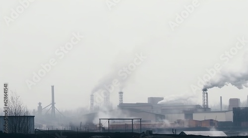 chimneys with thick smoke causing air pollution in a gray smoky sky