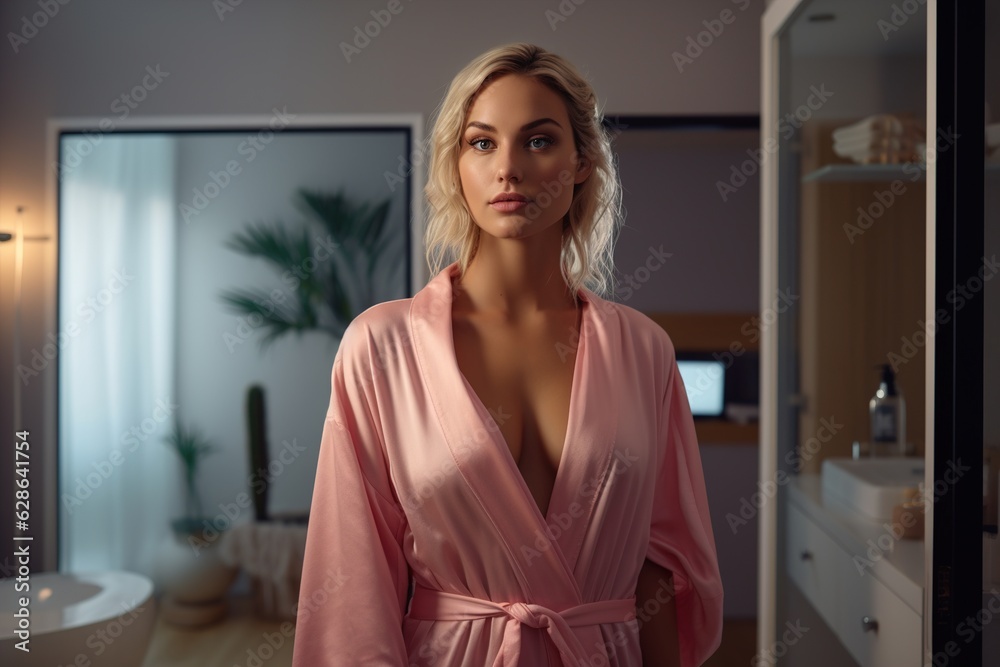 Beautiful woman wearing pink bathrobe Beautiful woman wearing pink bathrobe