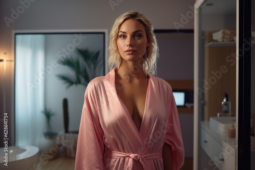 Beautiful woman wearing pink bathrobe