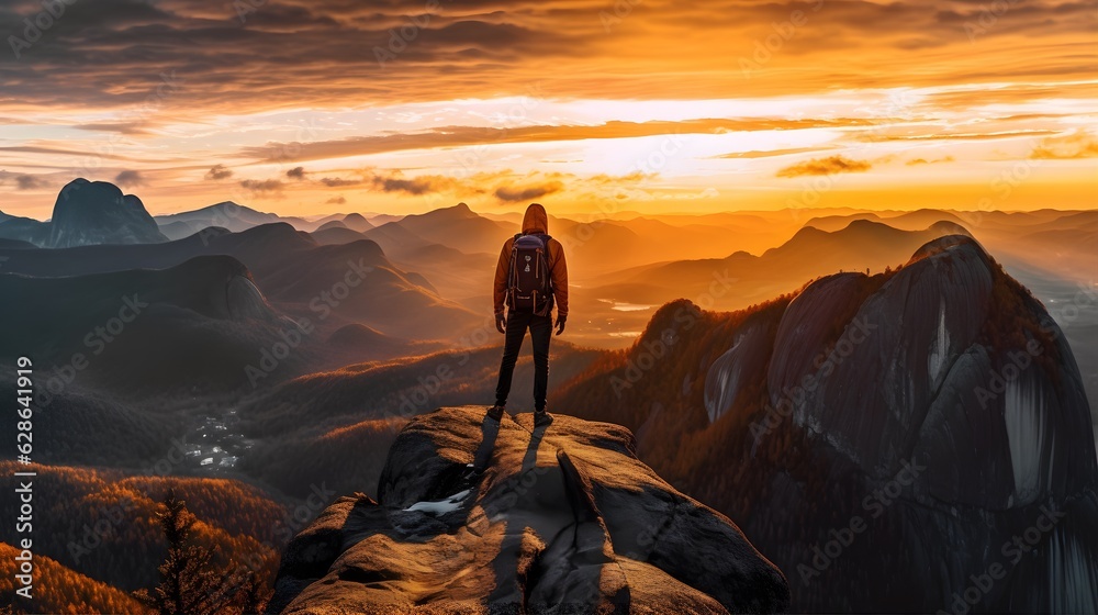 Experience the thrill of adventure with this breathtaking shot of a solo hiker conquering a rugged mountain peak at sunset. Generative ai.