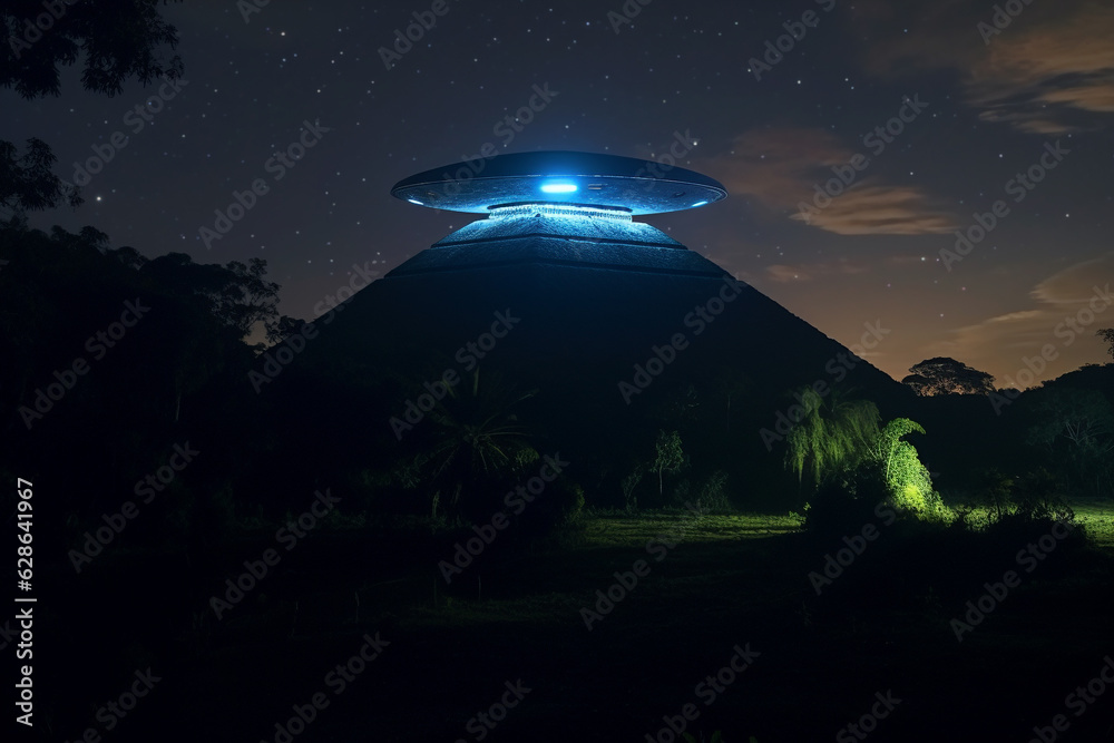 Sci-fi and fantasy concept. UFO and extraterrestrial ships flying over Mexico pyramids in jungles during night and glowing blue light. Generative AI