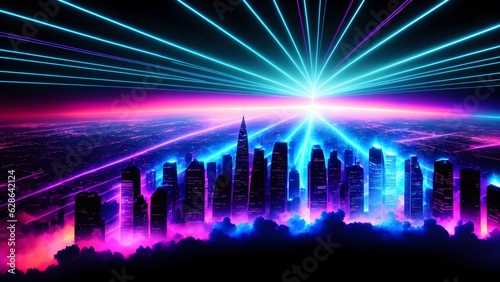 Photo of a futuristic city skyline at night illuminated by bright lights