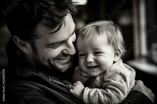 Portrait of a smiling loving dad with a cute happy baby at home created generative AI