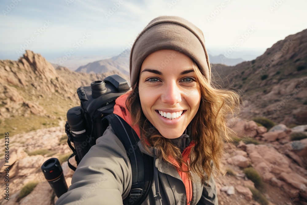 Young woman taking selfie portrait hiking mountains - Happy hiker on the top of the cliff smiling at camera Wide Angle photo - Travel and hobby concept generative AI
