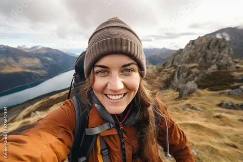 Young woman taking selfie portrait hiking mountains - Happy hiker on the top of the cliff smiling at camera Wide Angle photo - Travel and hobby concept generative AI