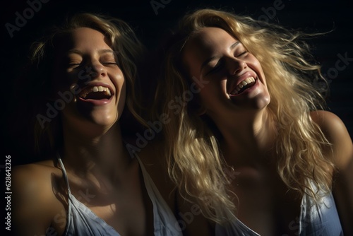 two women laughing and smiling in the dark