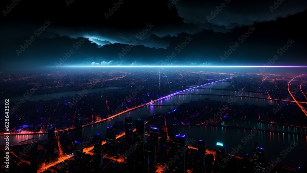 Photo of a cityscape illuminated at night