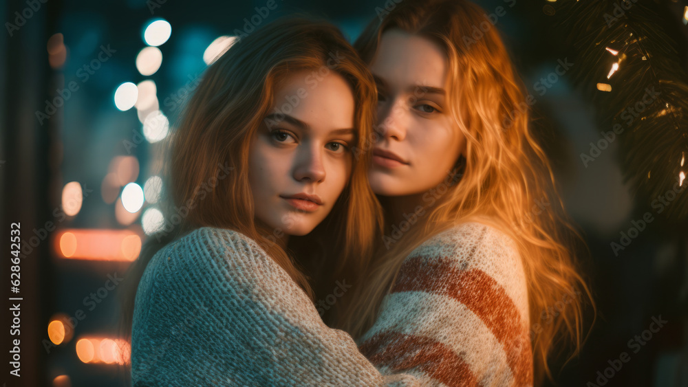 two young women hugging in front of a christmas tree two young women hugging in front of a christmas tree