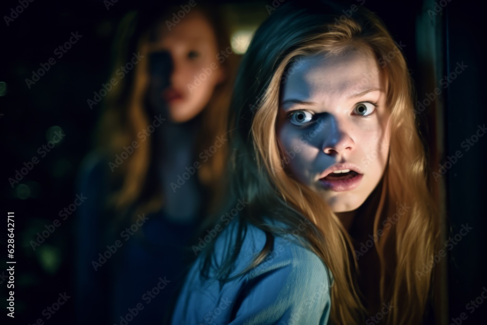 two young women looking at the camera in a dark room two young women looking at the camera in a dark room