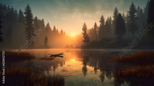 Get lost in the beauty of nature with this serene image capturing a tranquil lake at sunrise, shrouded in mist and surrounded by towering trees. Generative ai. © ckybe