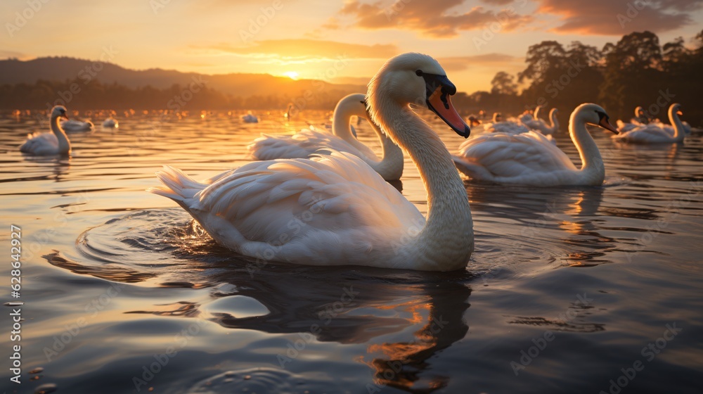 Fototapeta premium A flock of elegant swans gliding across calm waters during sunset, symbolizing elegance and serenity.