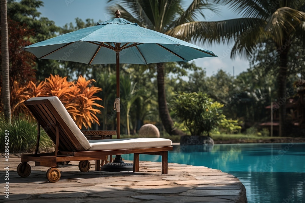 Serene Poolside Ambiance with Umbrella and Chair. AI
