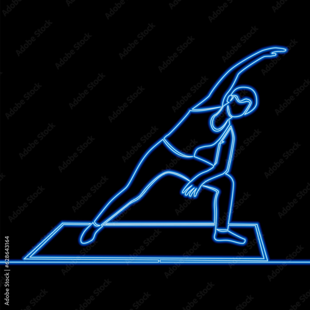 Fototapeta premium Continuous line drawing Woman exercises and stretches silhouette Active woman icon neon glow vector illustration concept