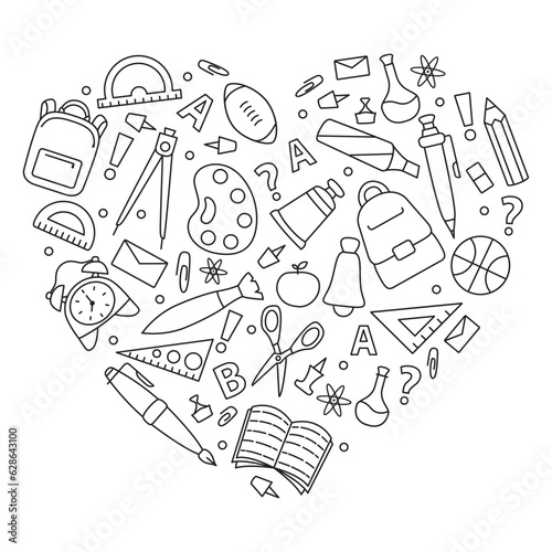 Doodle school icon heart shaped.Hand drawn stadying education.School supplies and creative elements.Freehand drawing school items.Concept of education. Online education.Doodle sketch style vector.