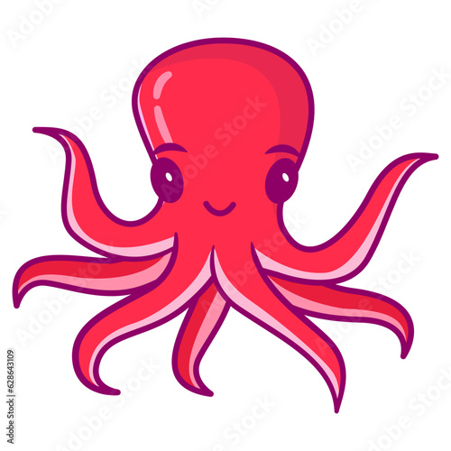 Smiling octopus mascot. Cute happy character.Animal kawaii.Cartoon octopus. Funny ocean animal.Aquatic fauna. Animal icon for zoo ad.Children book illustrating.Sea mollusk.