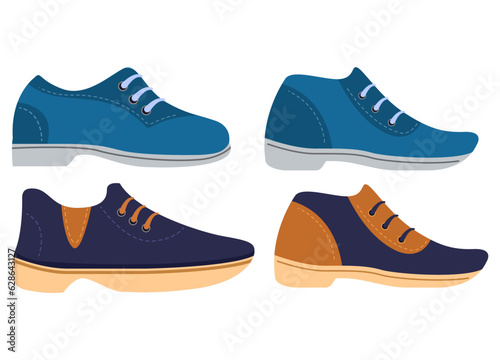 Set men shoes.Casual male shoes side view. Autumn boots.Isolated on white background.Vector flat illustration.Boots and classic leather footwear footgear for men.