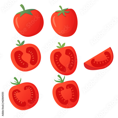Fototapeta Naklejka Na Ścianę i Meble -  Fresh tomato.Red tomato collection. Vegetables slice and a whole tomato.Organic food. Farm products.Isolated on white background.Vector flat illustration.
