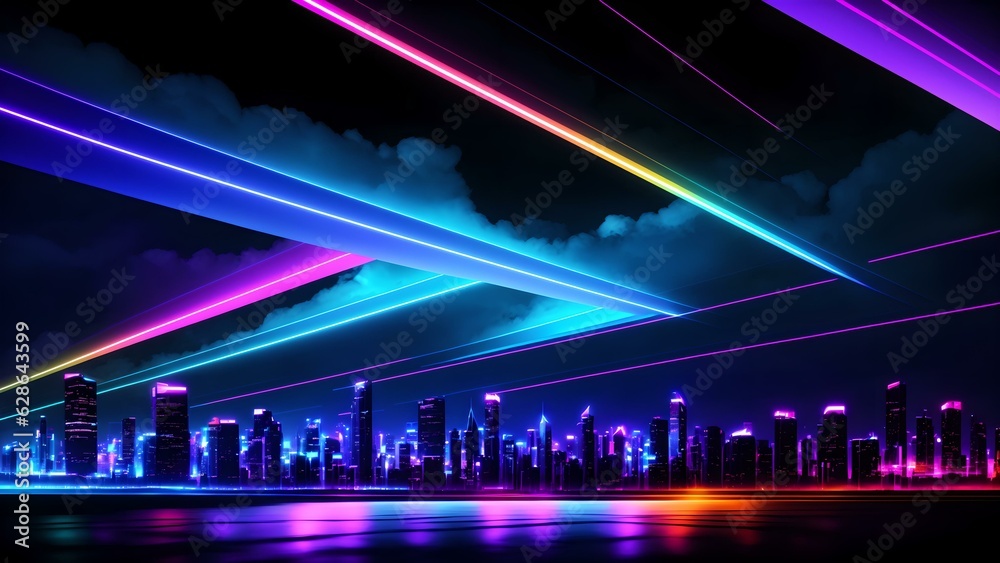 Photo of a vibrant cityscape illuminated by colorful lights at night
