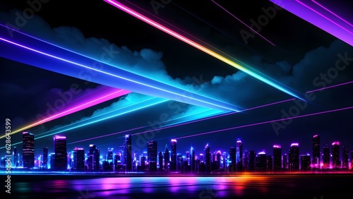 Photo of a vibrant cityscape illuminated by colorful lights at night